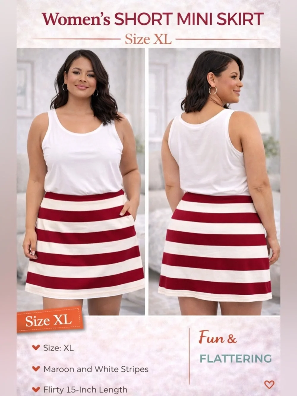 PINK VICTORIAS SECRET Mini Skirt in Cream and Burgundy XL waist 32in length 15in
